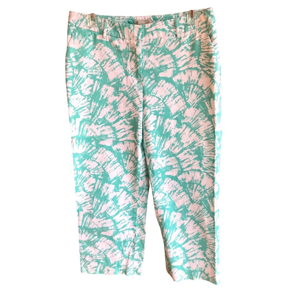 Madison Lightweight Cropped Pants, Mint Green and White Abstract Print Size 8
